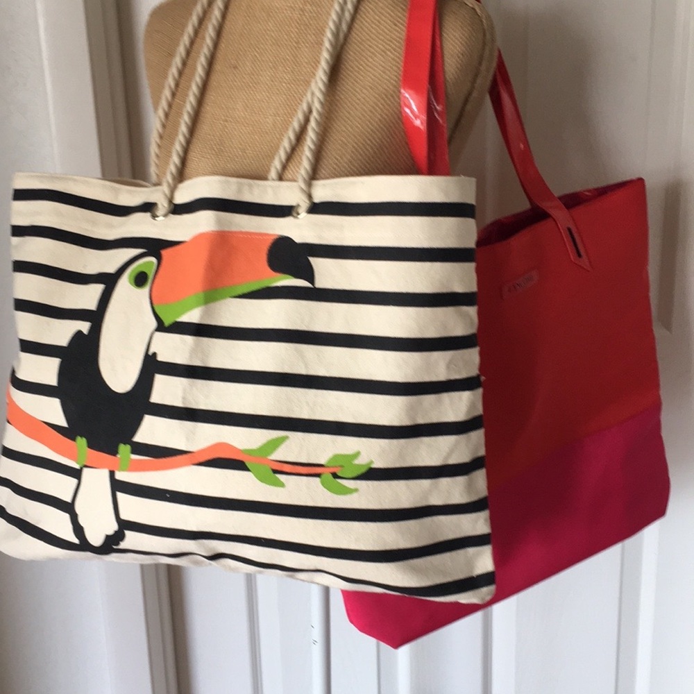 Two (2) CARRY BAGS - 1 charming Tuscan Striped Bag & 1 colorful Orange/Pink Bag